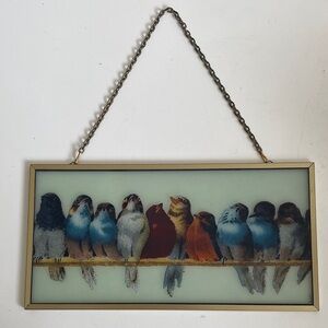 Vintage Glassmaster AIC Painted Suncatcher Birds on Perch Frame with Chain
